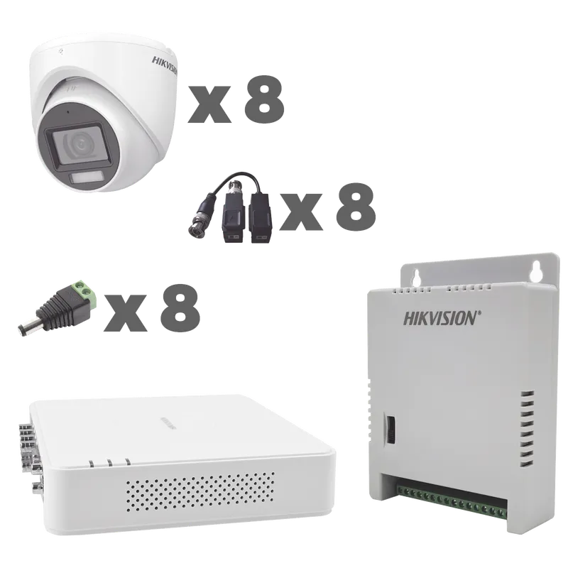 KIT TurboHD 1080p / DVR 8 Canales con audio por coaxitron / 8 Cámaras con Micrófono Integrado 106° Visión/  luz blanca + IR visión nocturna  / Transceptores / Conectores / Fuente de Poder Profesional