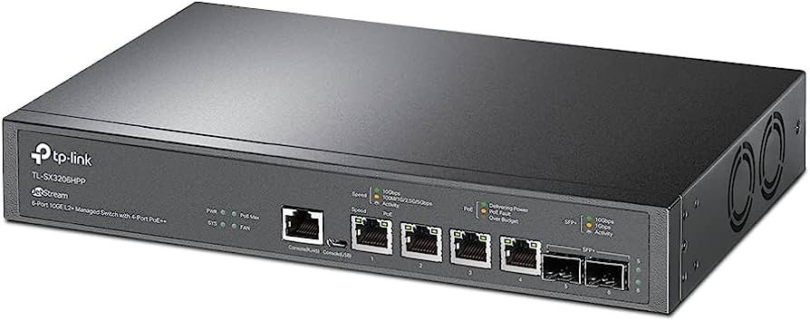 Switch Omada SDN Administrable 4 puertos 10GE PoE++ / 2 SFP+ 10GE / 1 puerto consola RJ45, puerto consola miro-SUB / Funciones sFlow, QinQ y QoS / compatile con IPv6 / 