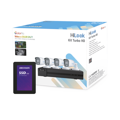 Kit TurboHD 1080p + SSD 500 GB / DVR 4 Canales / 4 Cámaras Bala ColorVu con Micrófono Integrado / Fuente de Poder / Accesorios de Instalación