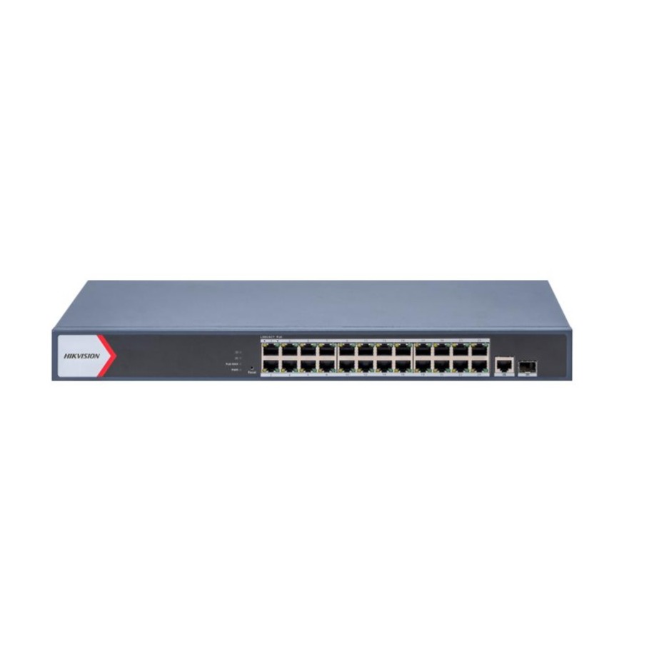 Switch Gigabit PoE+ / Administrable / 24 Puertos 1000 Mbps PoE+ / 1 Puerto 1000 Mbps Uplink  / 1 Puertos SFP Uplink  Configuración Remota desde Hik-PartnerPro /Modo Extendido hasta 300 Metros / 230 W