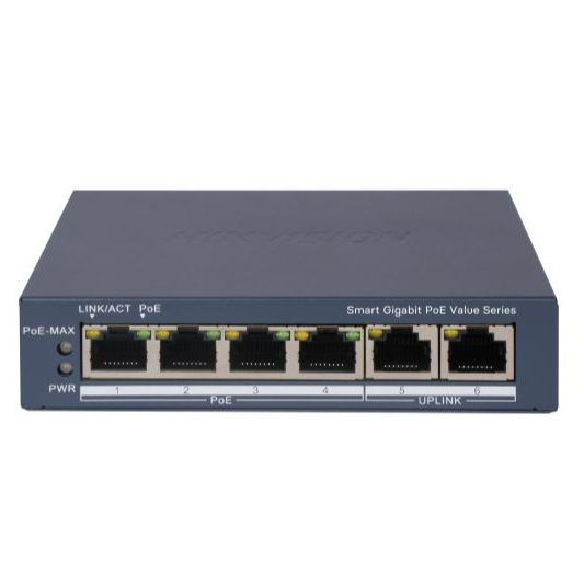 Switch Gigabit PoE+ / Administrable / 4 Puertos 1000 Mbps PoE+ / 2 Puertos 1000 Mbps Uplink / Configuración Nube Hik-PartnerPro / Modo Extendido hasta 300 Metros / 45 Watts