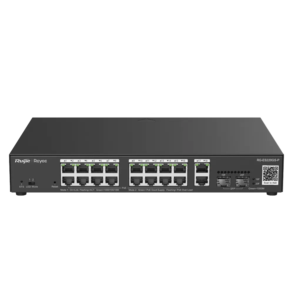 Switch L2 Administrable PoE con 16 puertos Gigabit PoE 802.3af/at + 2 SFP para fibra 1Gb, gestión gratuita desde la nube, 240w