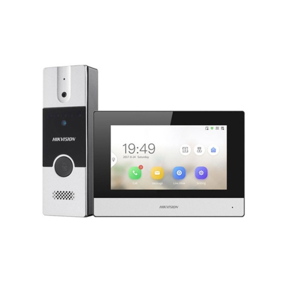 Kit de Videoportero Analógico de Plastico / IP a 4 Hilos con Función de Llamada a App Hik-Connect / Monitor se Conecta a Internet por Cable o WiFi y por 4 Hilos al Frente de Calle / Expandible a Mas Equipos 
