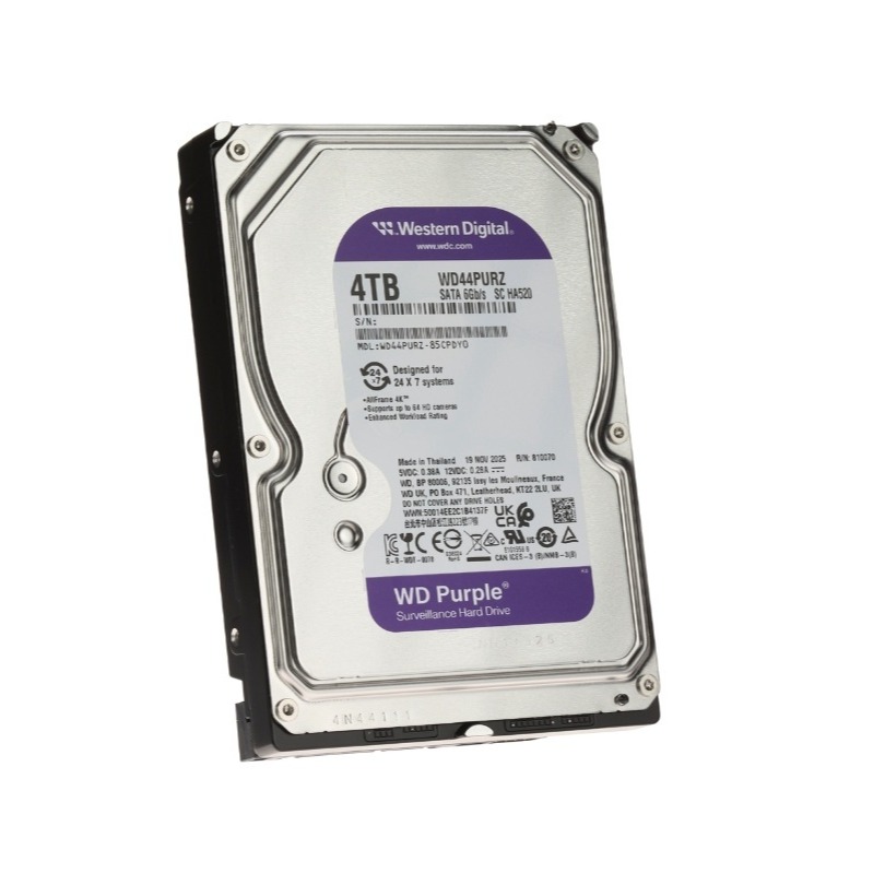 Disco Duro WD Purple Surveillance / 4TB / SATA 6Gb/s / 3.5" / Tecnología AllFrame / 180TB año Workload / Soporte 64 Cámaras HD / 16 Bays / Componentes Anti-Corrosión / 3 Años Garantía