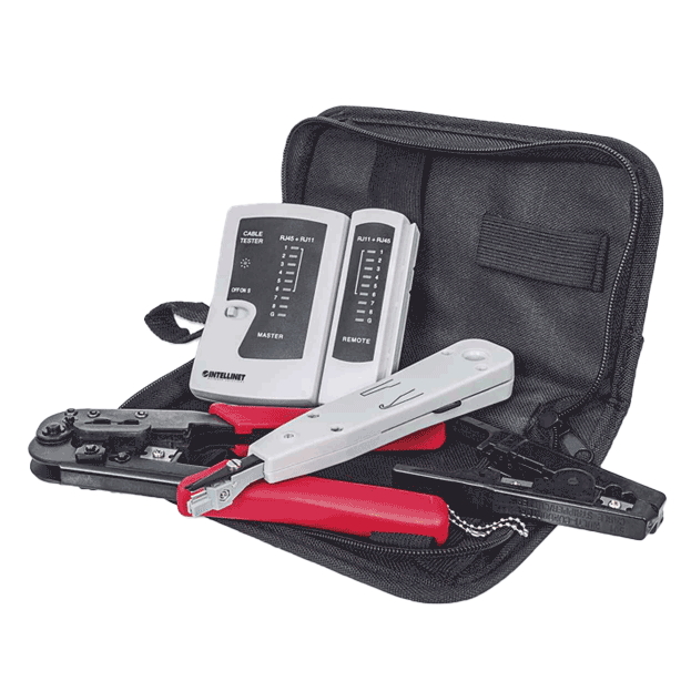 Kit de herramientas para red con 4 piezas compuesto por Probador de cable UTP, Ponchadora, Pinza Crimpadora y Pelador de cable