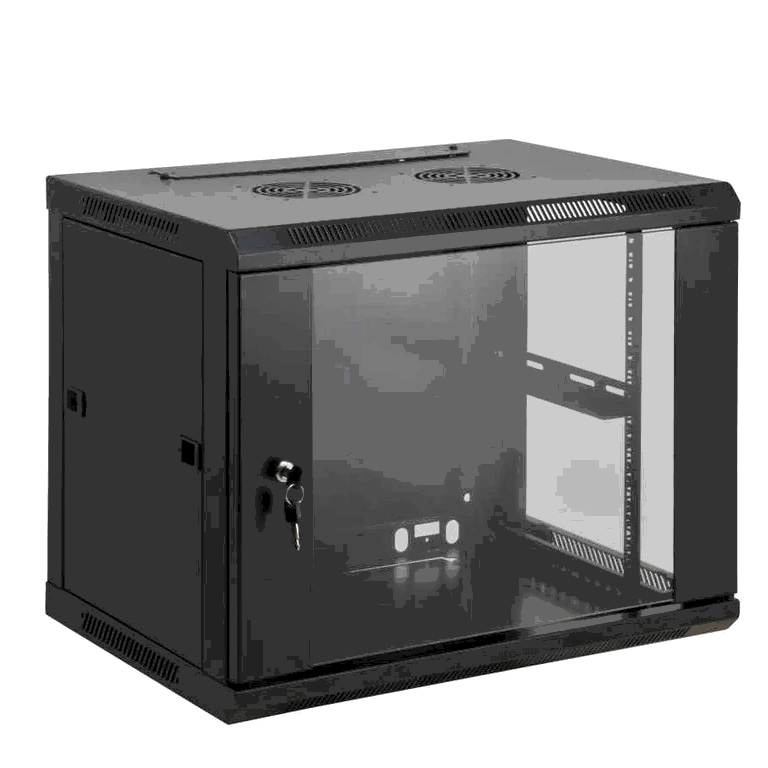 Gabinete mural 19" / 9UR / Color negro / para aplicaciones de montaje en rack de 19" / Carga estática máxima de 60KG / Puerta de cristal templado