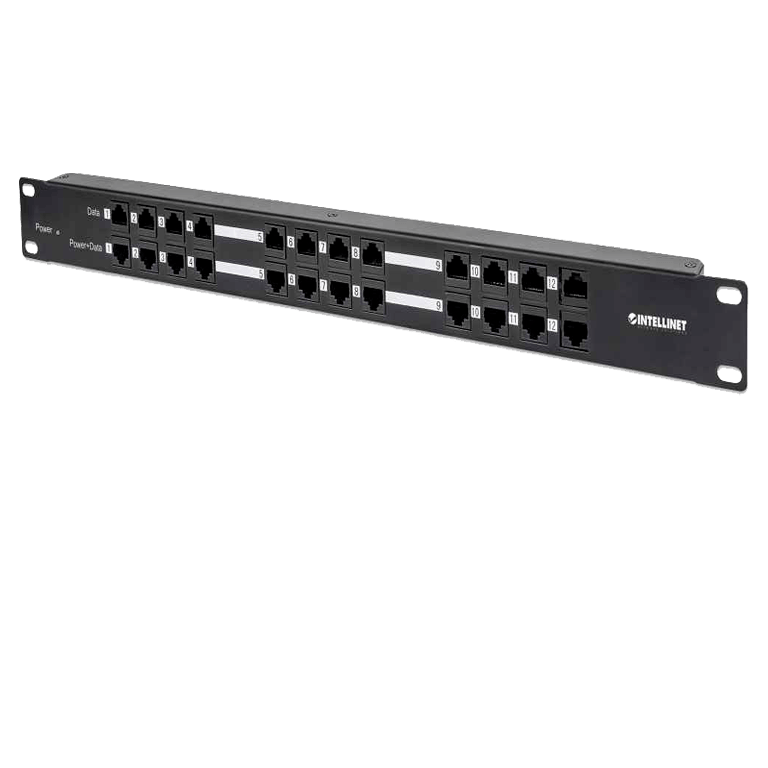 Patch Panel de 24  puertos  (12)Passive  Poe para salida de datos y energía / Compatible con Cat5e