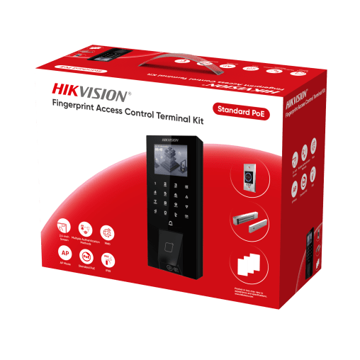 Kit Terminal Control Acceso Biométrico DS-KAS807 / Huella Digital / 2.4" LCD / 5000 Huellas + 5000 Tarjetas / IP65 / Wi-Fi + PoE / Cerradura Magnética 272 kg / Botón Touchless