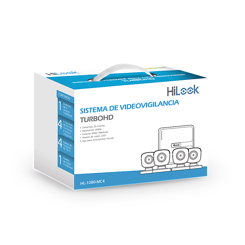 KIT TurboHD 1080p / DVR 4 canales / 4 Cámaras Bala de Metal / H.265+ / 1 Fuente de Poder Profesional / Accesorios de Instalación