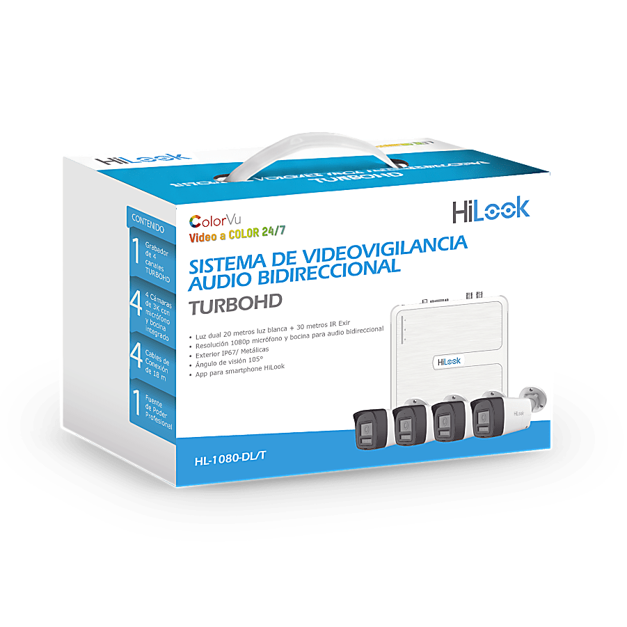 Kit TurboHD 1080p / DVR 4 canales / 4 Cámaras Bala de Metal / Audio Bidireccional / Dual Light (IR + Luz Blanca) / H.265+ / 1 Fuente de Poder Profesional / Accesorios de Instalación