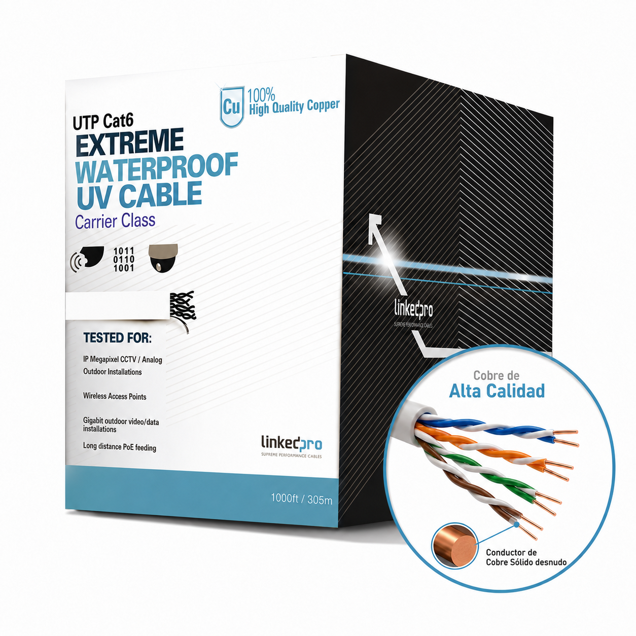 Bobina de Cable UTP Cat6 para Exterior en Color Blanco / 305 Metros (1000 Pies) / Certificada UL / Sin Blindaje